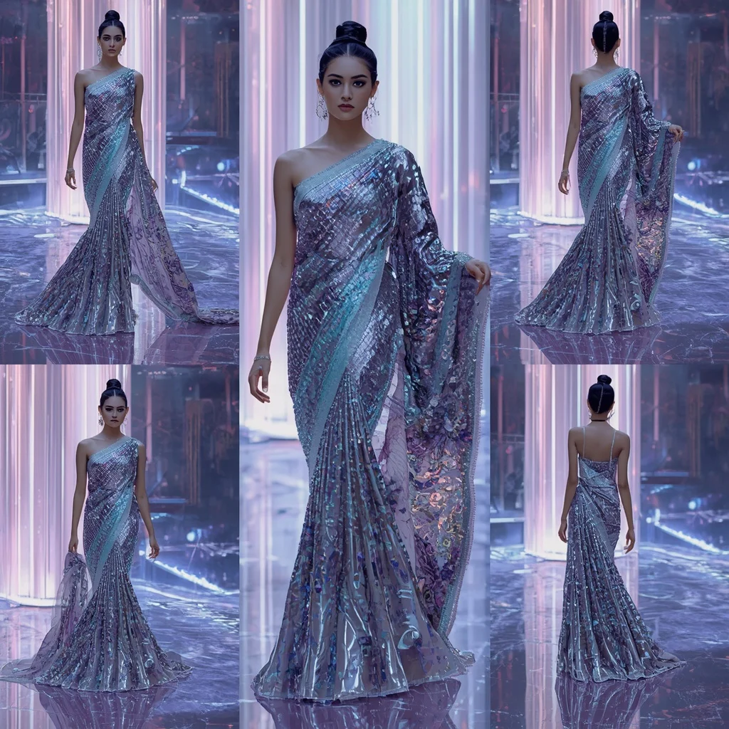 Diamond Horizon Saree with Floating RGB Infinity Crystal Terrace | Beautiful Woman Ai Prompt