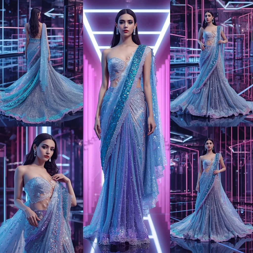 Diamond Horizon Saree with Floating RGB Infinity Terrace Hall | Ultra Realistic Ai Prompt