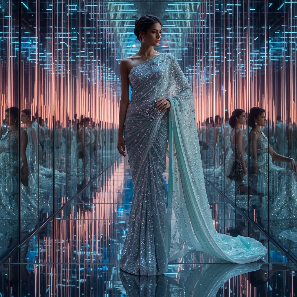 Diamond Pulse Couture Saree with Infinity Reflection Cathedral | Anime Ai Prompt