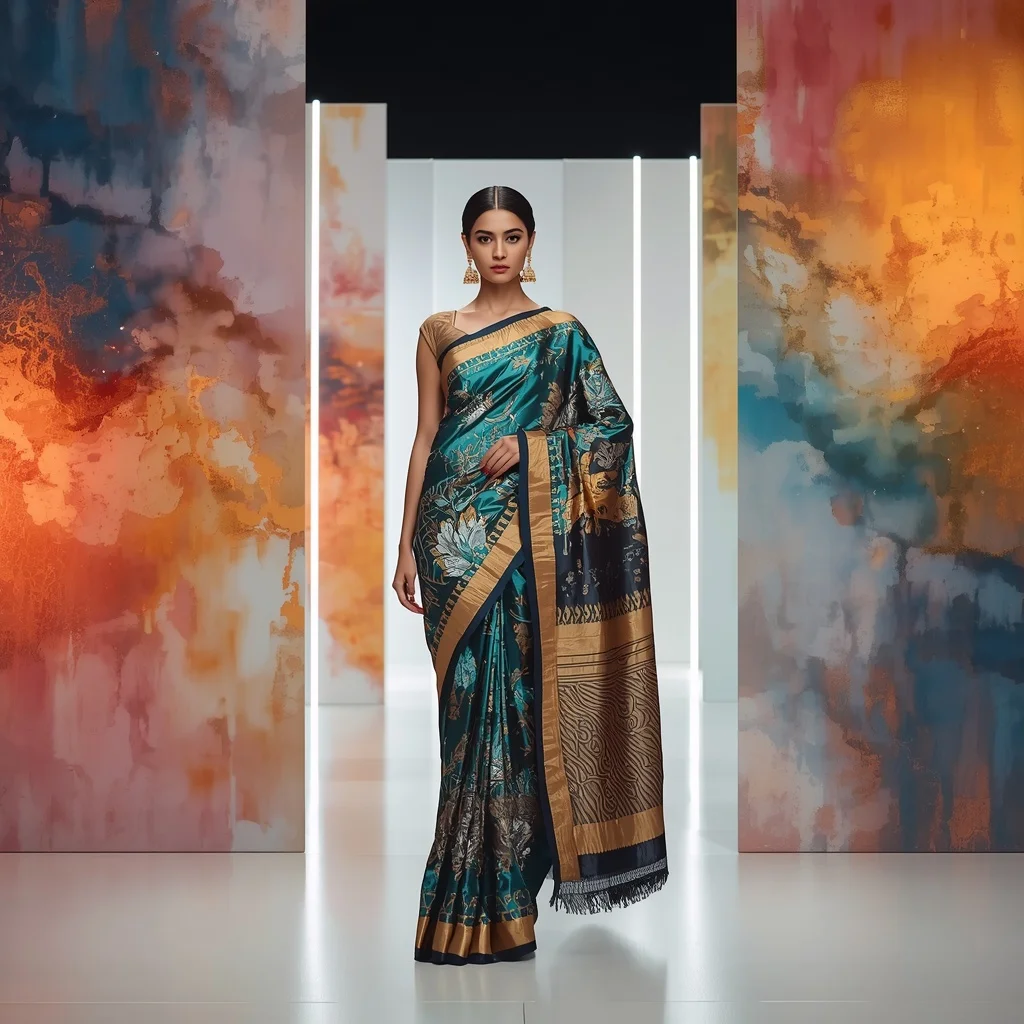 Digital Art Abstract Garden Advanced Design Saree with Metallic Print and Embroidery | Ai Gemini Prompt