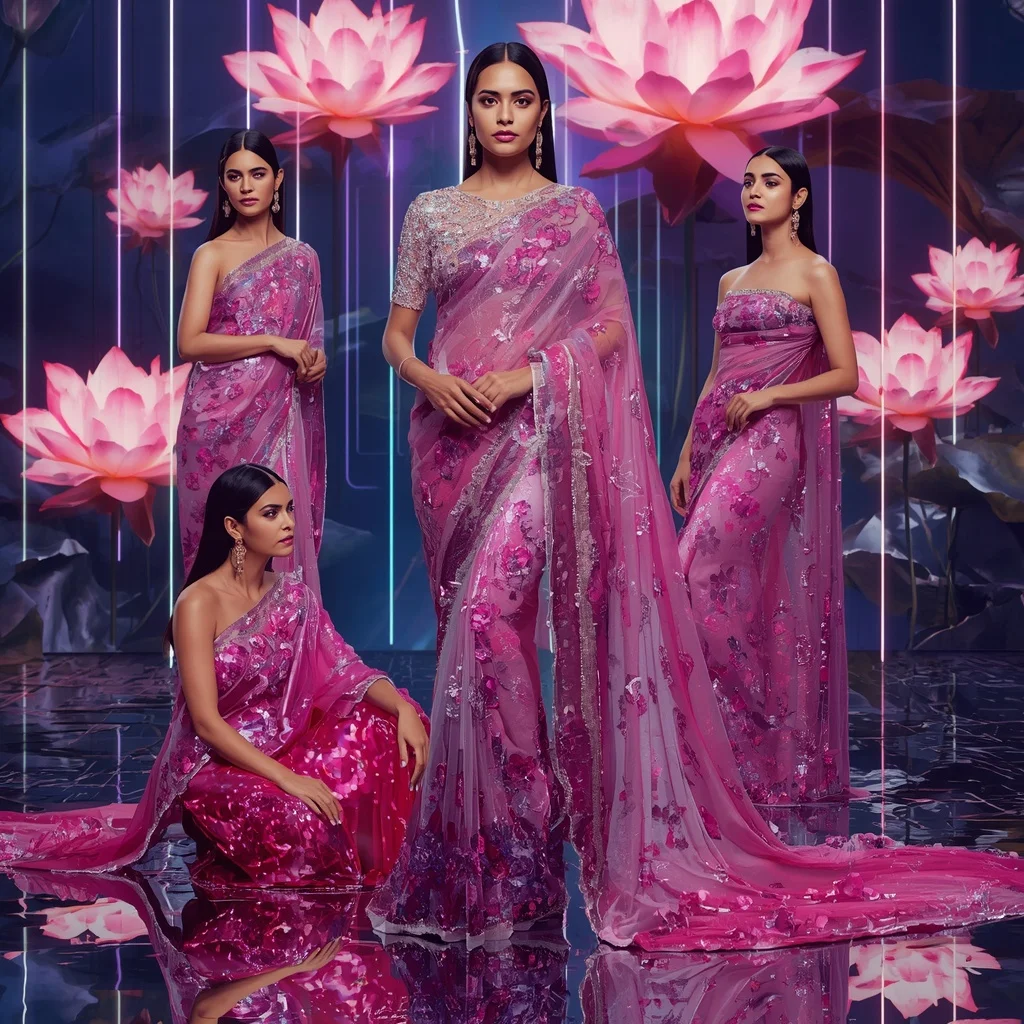 Electric Bloom Saree with Floating Infinity Lotus Sanctuary | Ultra Realistic Ai Prompt