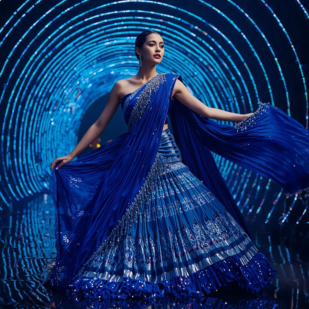 Electric Sapphire Quantum Saree with Curved Laser Infinity Palace | Gemini Photo Prompt