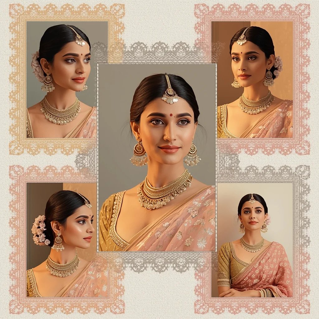 Elegant Lace Border Pastel Saree Indian Woman Artistic Collage | Gemini Saree Prompt Photo