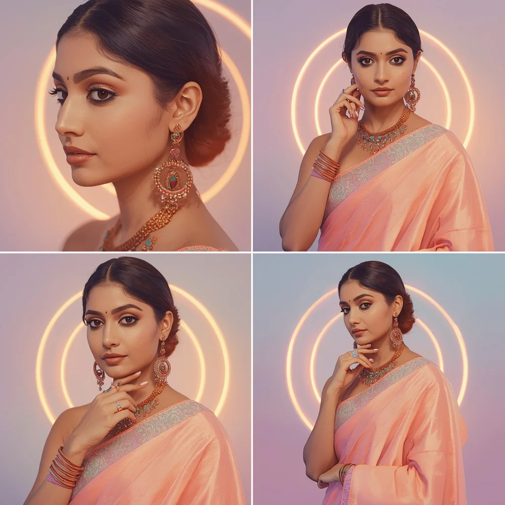 Ember Pulse Halo Drift Pastel Saree Indian Woman Luxury Composition | Modern Saree Ai Prompt