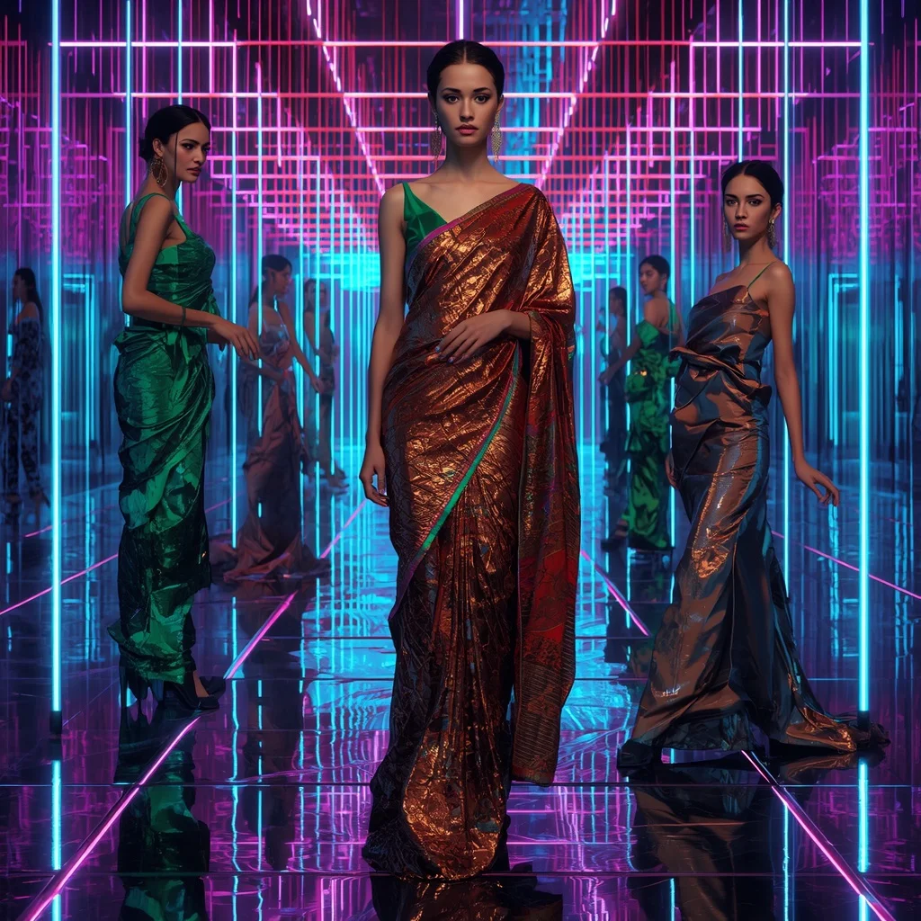 Emerald Aurora Saree with Floating Neon Prism Infinity Atrium | Grok Ai Prompt