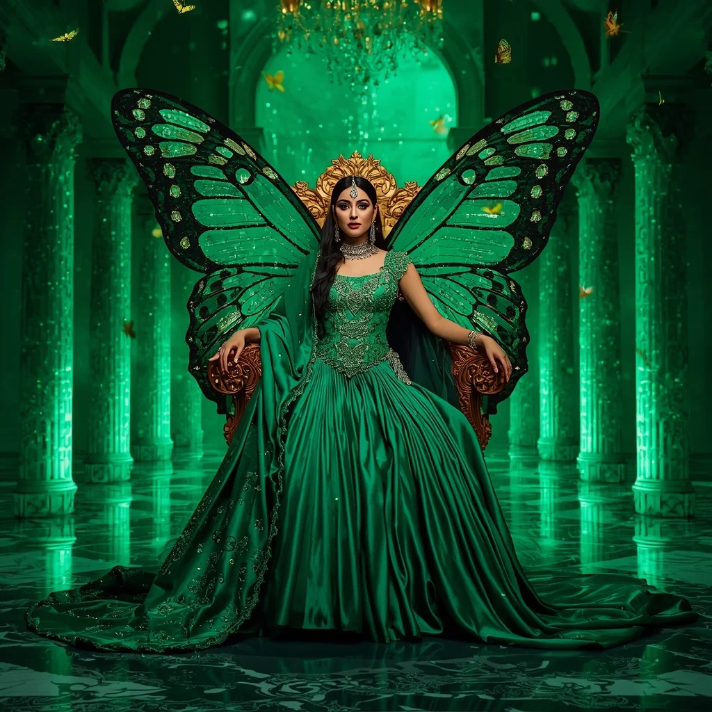 Emerald Butterfly Throne Saree  Royal Multi-Pose Couture with Jewel Fantasy Palace Background | Instagram Highlight Cover Ai Prompt