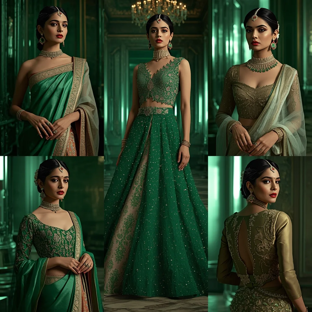 Emerald Crystal Court Indian Dress Collage Image Prompt Festive Premium Royal | Attitude Ai Prompt