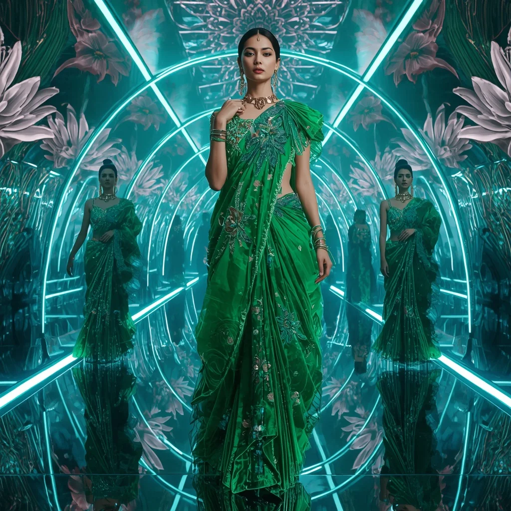 Emerald Cyber Lotus Saree with Floating Laser Palace | Desi Saree Ai Prompt