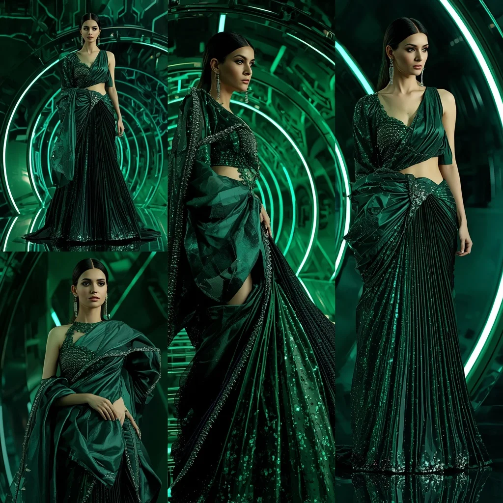 Emerald Cyber Royale Saree with Infinity Light Waves | Modern Design Ai Prompt