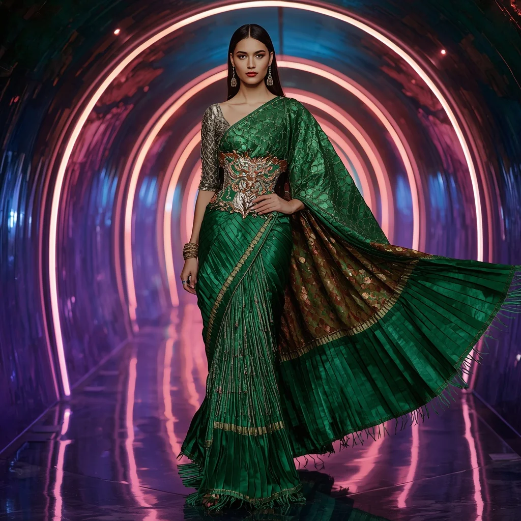 Emerald Dragon Luxe Saree with Neon Palace Corridor | Instagram Model Ai Prompt