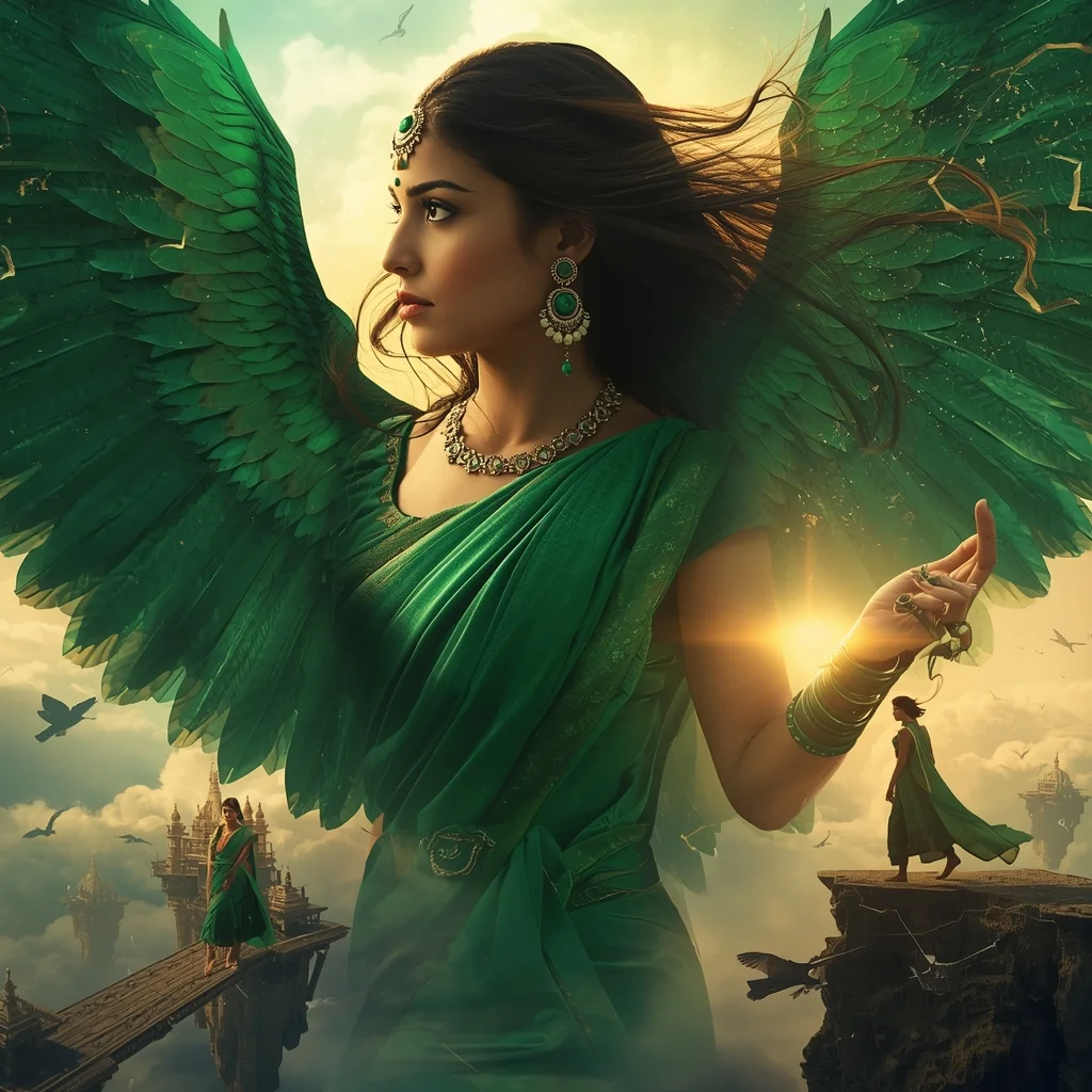 Emerald Falcon Sky Saree Cinematic Collage Royal Flight Dominion Premium Scene | Trending Prompt