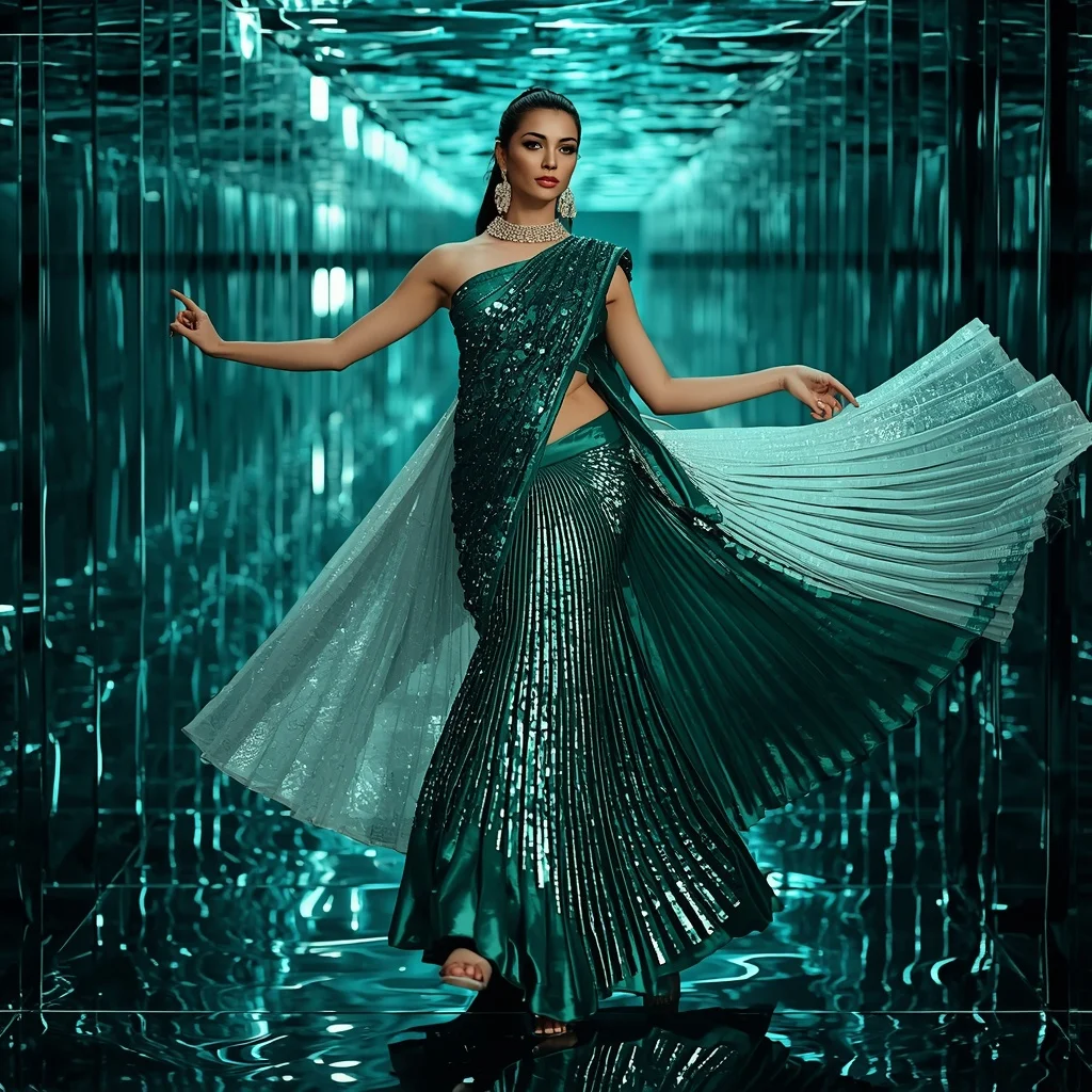 Emerald Frost Royale Saree with Infinity Prism Water Tunnel | Prompt Chatgpt