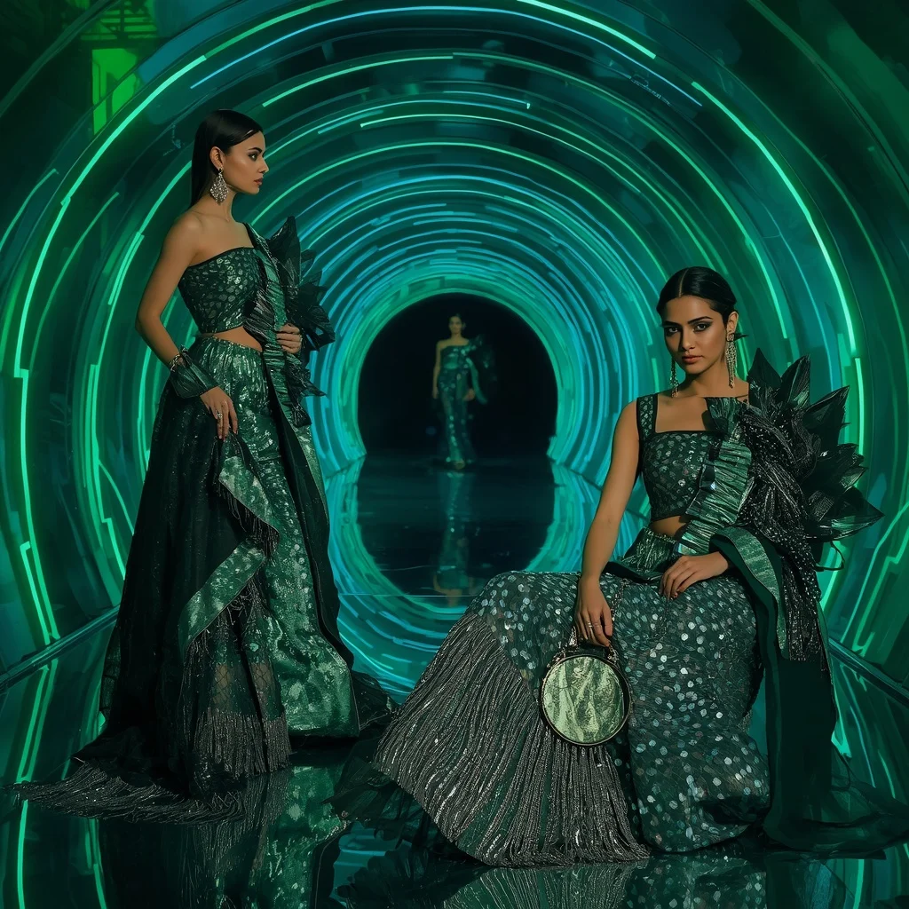 Emerald Galaxy Metallic Saree with Neon Arc Tunnel | Profile Picture Ai Prompt
