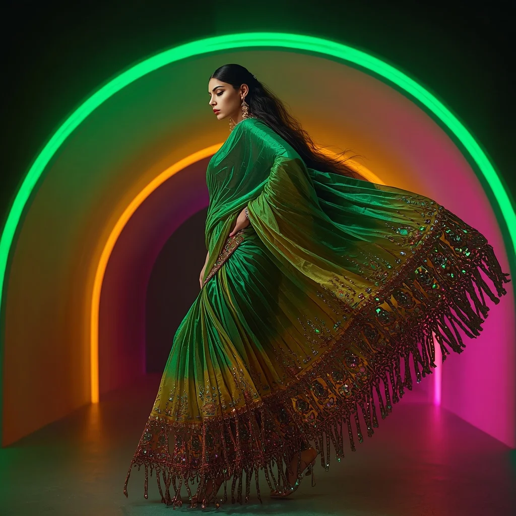 Emerald Inferno Prism Saree with Curved Plasma Empire | Saree Prompt For Gemini