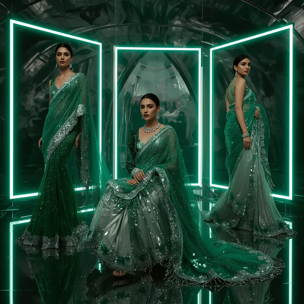 Emerald Moonlight Crystal Saree with Floating Halo Frames | Ai Portrait Prompt