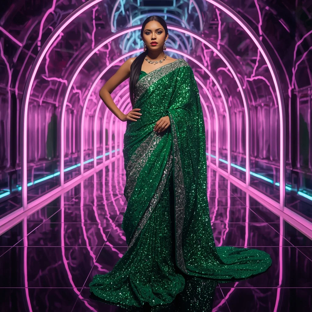 Emerald Voltage Crystal Saree with Infinity Prism Hall | Lighting Ai Prompt