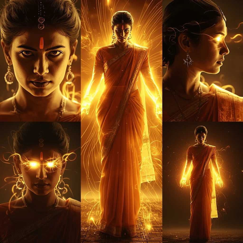 Energy Aura Power Saree Cinematic Collage Superhuman VFX Glow Scene | Modern Saree Ai Prompt