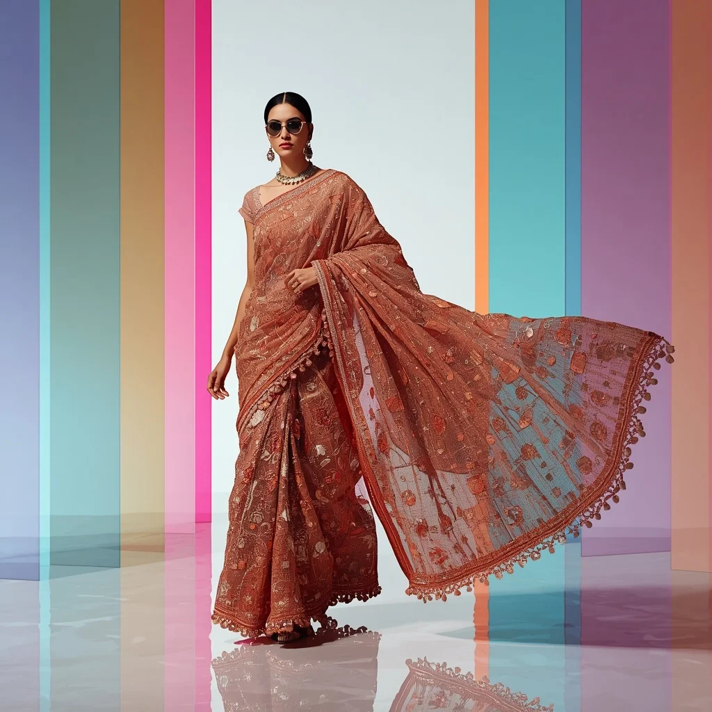 Exquisite 3D Liquid Crystal Heavy Festival Saree Aesthetics | Ai Gemini Saree Prompt