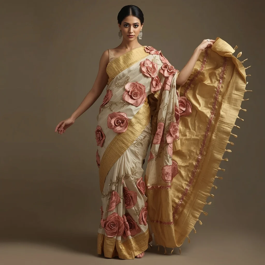 Extreme 3D Metallic Rose Couture Saree with Golden Silk Aura | Ideogram Ai Prompt