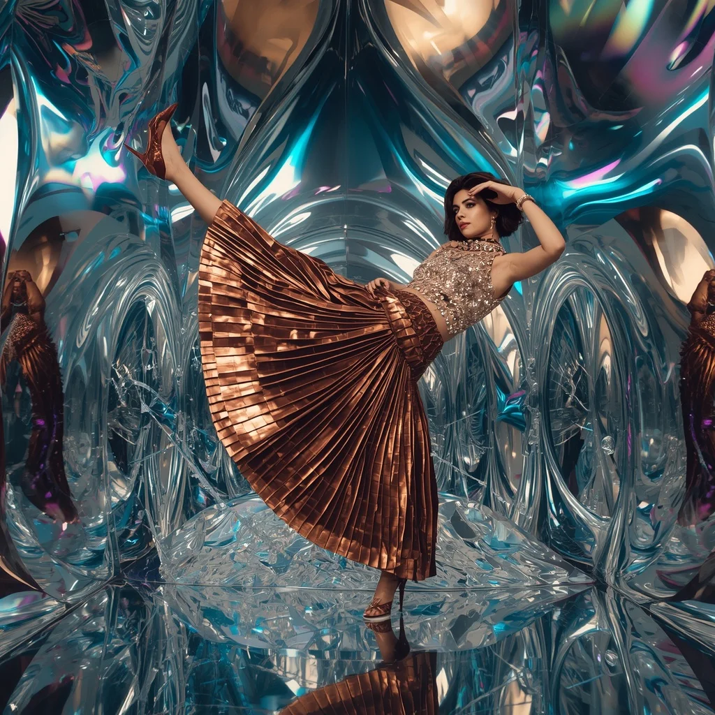 Extreme Sequin Scale & Bronze Laser-Cut Leather Saree | High-Kicking Fabric Shatter Pose | 3D Liquid Metal Waves | New Design Ai Prompt