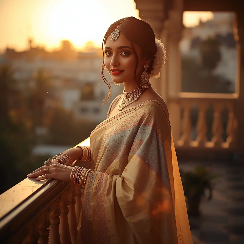 Fancy Festival Saree Golden Hour Glow Queen | Free Prompt For Girls College