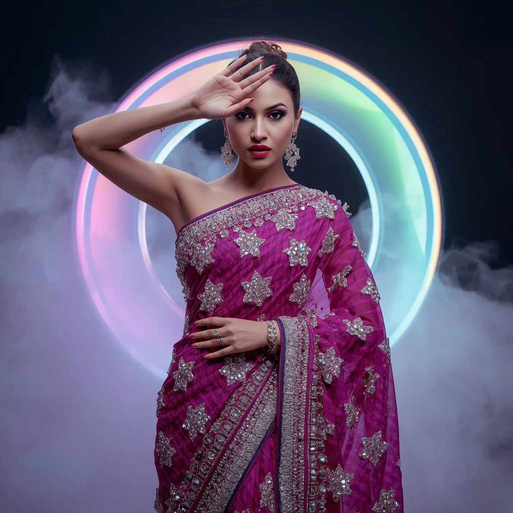 Fancy Festival Saree with Dense 3D Geometric Shards and Holographic Zari | Saree Woman Ai Prompt