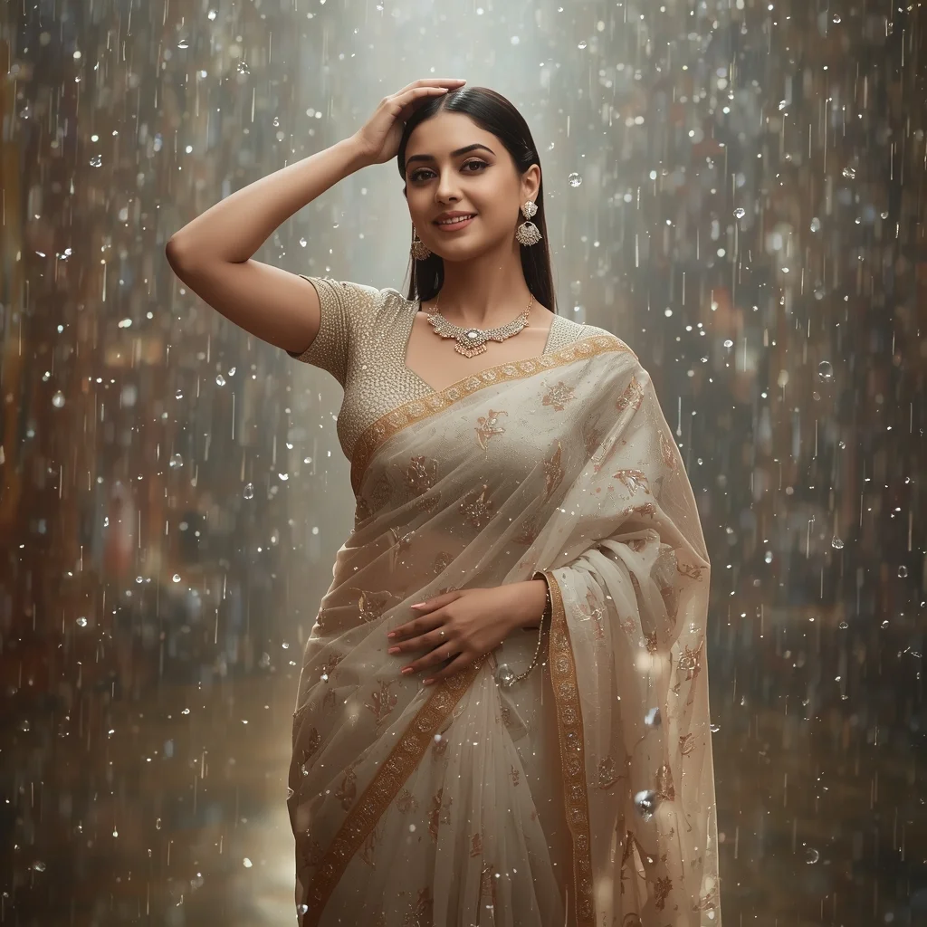 Festival Fancy Saree Diamond Light Rain Couture Pose | Stylish Girl Prompt Generator
