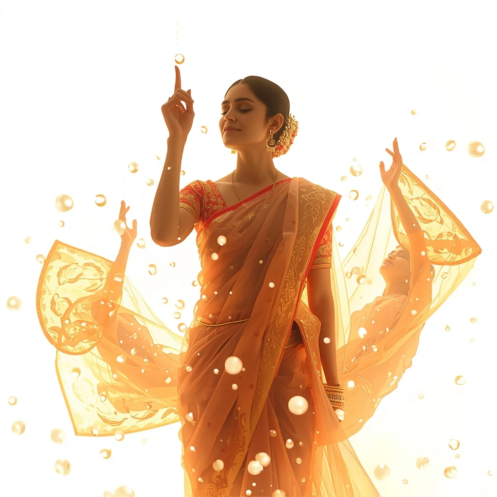 Festival Fancy Saree Floating Magnetic Liquid Crystal | Retro Style Prompt For Gemini Girl In Saree In English