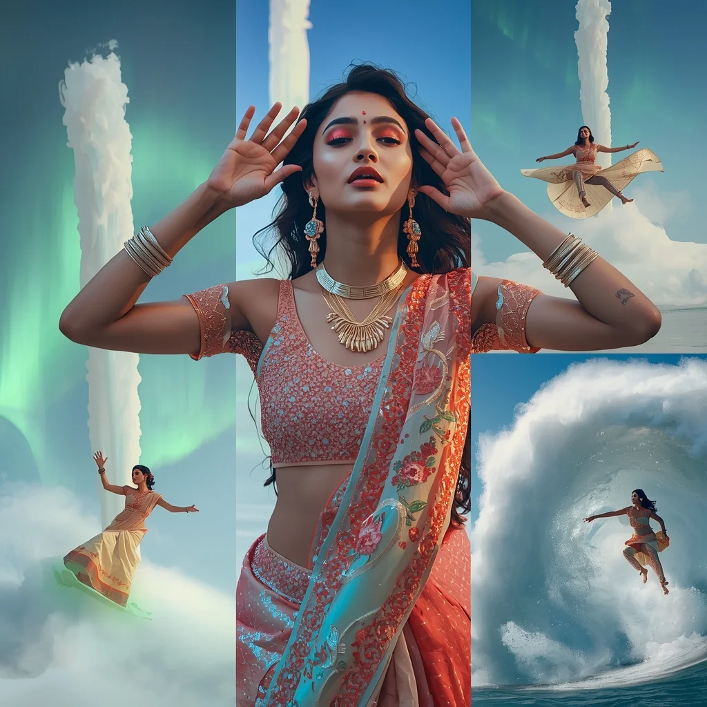 Festival Fancy Saree Magnetic-Fluid Aurora-Borealis Velvet | Saree Photoshoot Ai Prompt