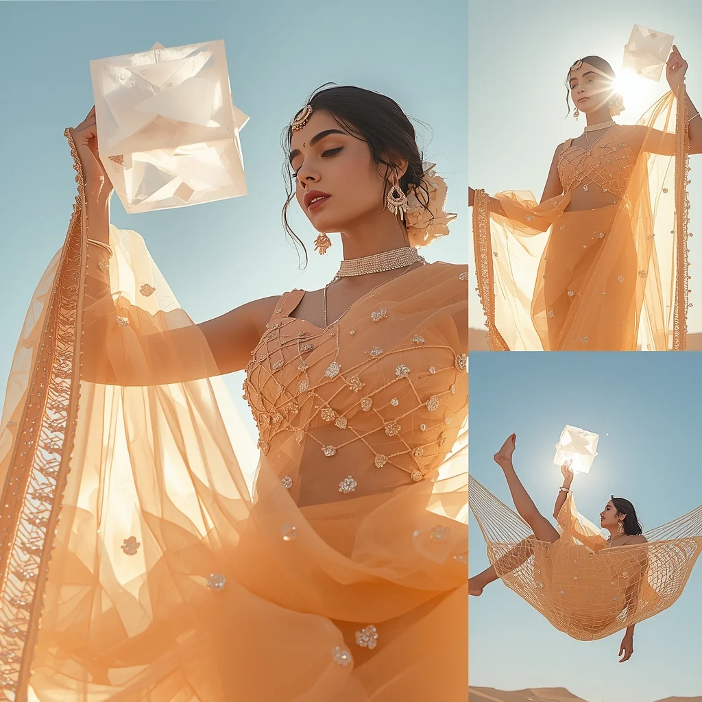 Festival Fancy Saree Shape-Memory Sunburst-Origami Tulle | Festive Prompt