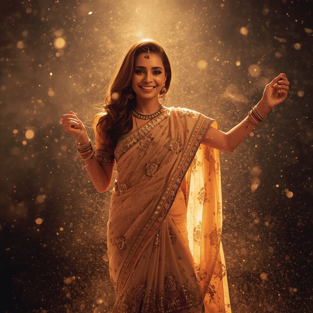 Festival Fancy Saree Shimmering Light Dust Glam Pose | Saree Dp Ai Prompt