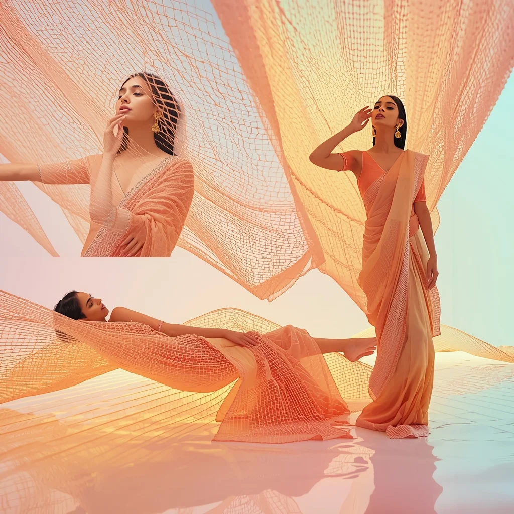 Festive Fancy Saree Aerogel Infused Glass-Bead Net | Saree Photoshoot Ai Prompt