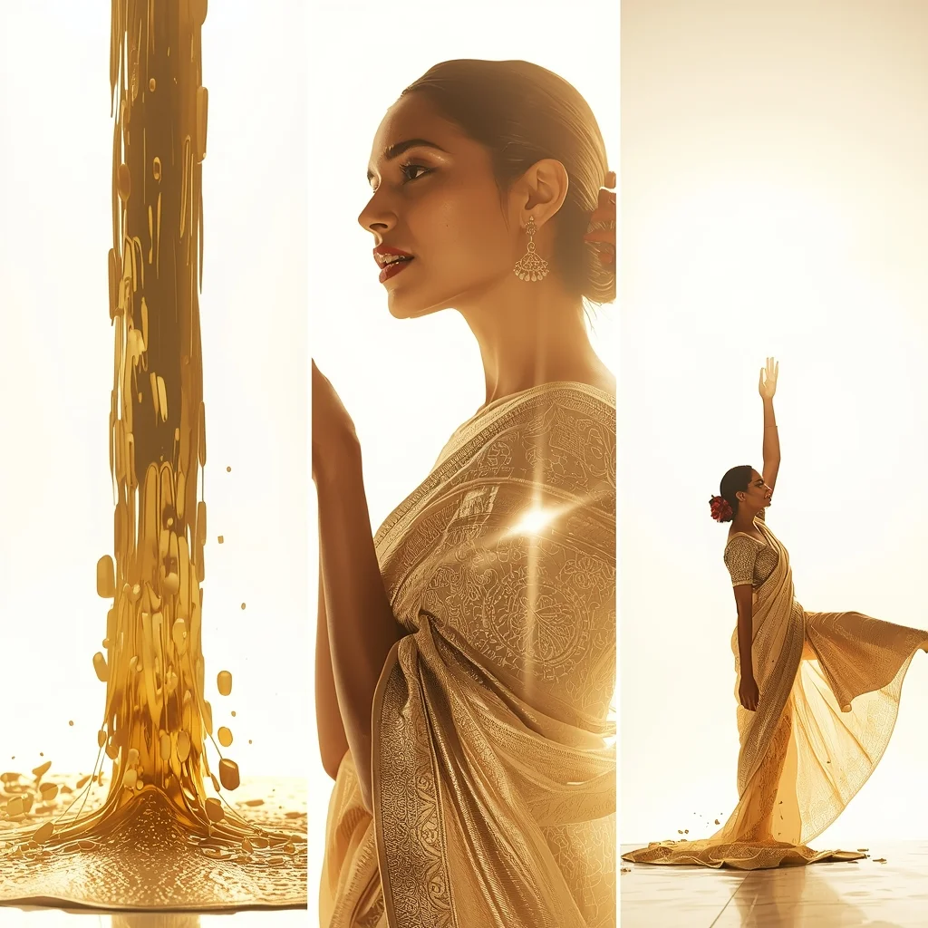 Festive Fancy Saree Bio-Acoustic Liquid-Gold Flow | Prompt Gemini Saree