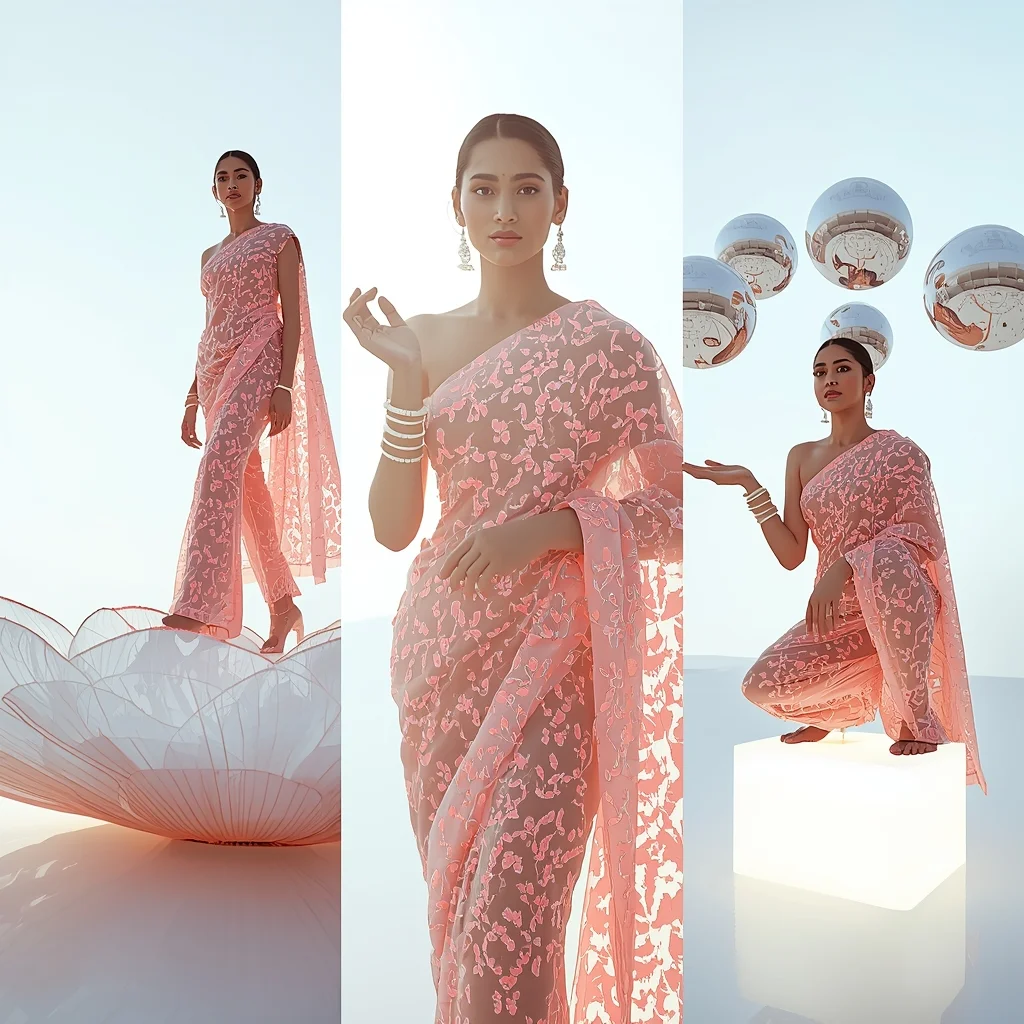 Festive Fancy Saree Bio-Luminescent Coral-Reef Lace | Modern Design Ai Prompt