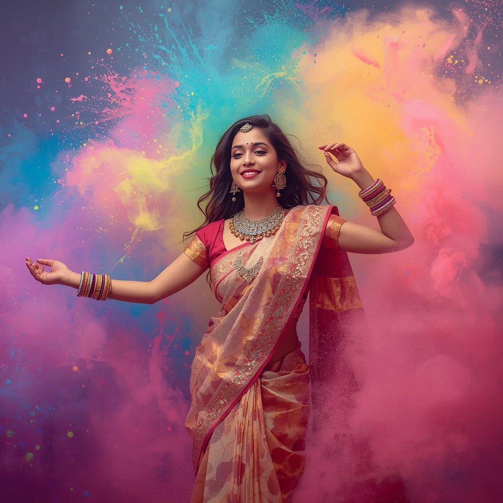 Festive Fancy Saree Dreamy Color Splash Trendy Pose | Saree Selfie Ai Prompt