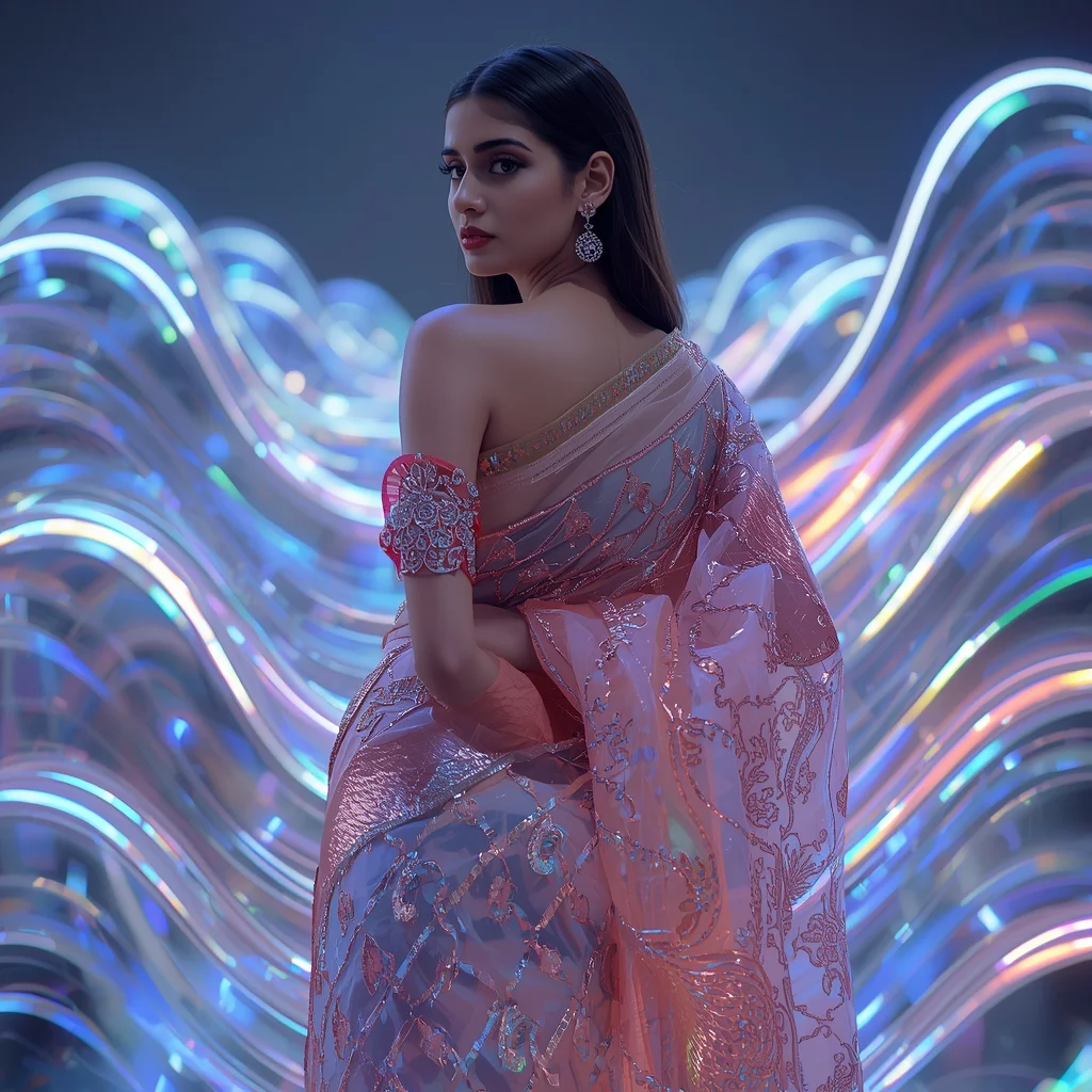Festive Fancy Saree Holographic Glow Wave Fashion | Trending Photo Editing Prompt