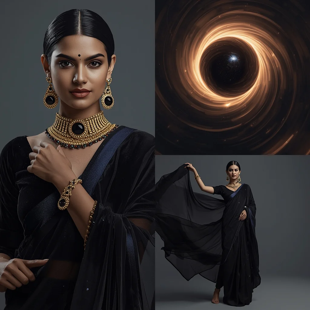 Festive Fancy Saree Micro Black Hole Gravity 4-Frame Split Cinematic | Saree Photoshoot Prompt Ultra Realistic