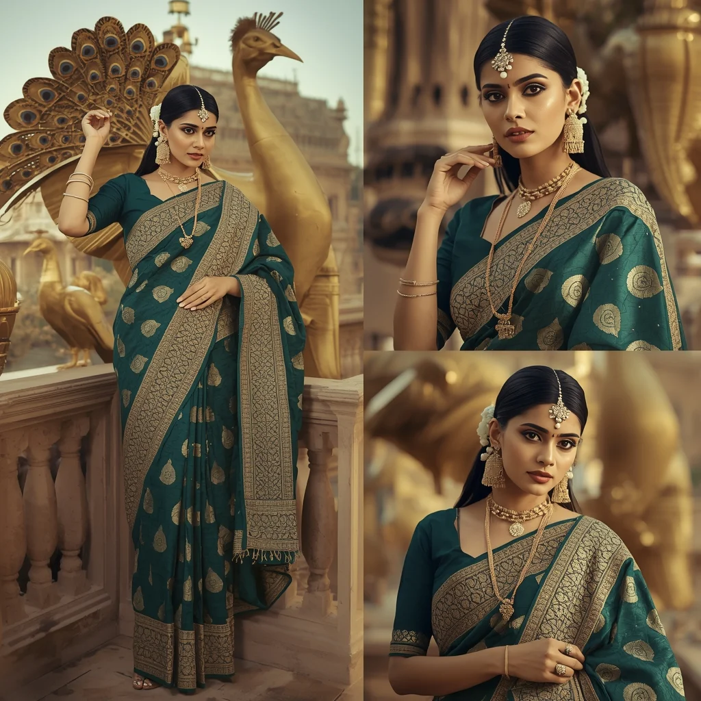 Festive Fancy Saree Peacock Balcony multi-pose | Regal Editorial Look | Wedding Ai Prompt