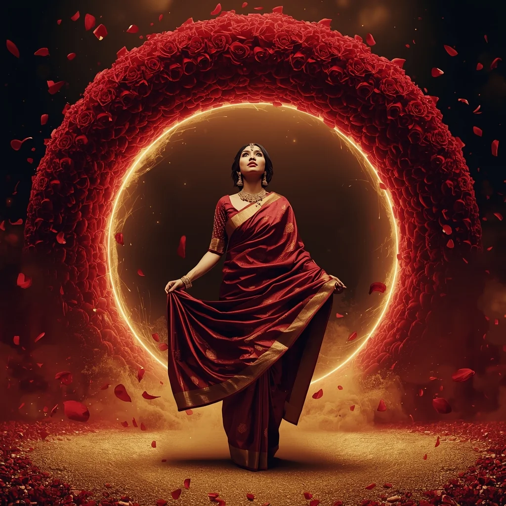 Festive Fancy Saree Planetary Ring Rose Gold Dust 3-Frame Panoramic | Saree Pose Ai Prompt For Image Generation