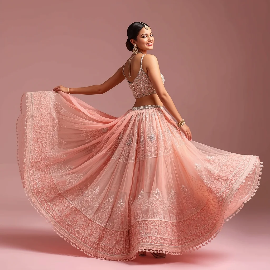 Festive Lehenga Girl Reverse Lift Turn Fabric Bloom Pose | Pre Wedding Ai Prompt