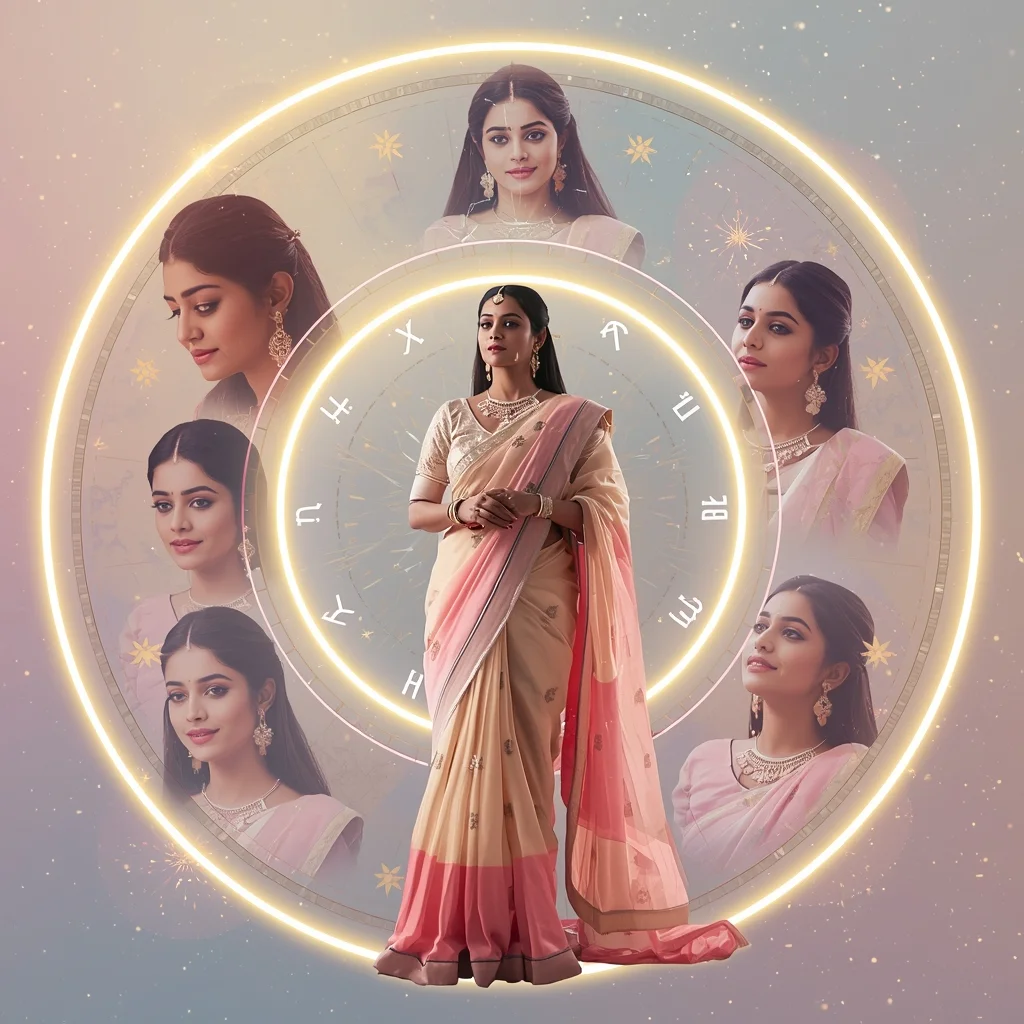Festive Pastel Saree Astrological Zodiac Light Wheel Collage Cinematic Aesthetic | Saree Pose Ai Prompt For Image Generation