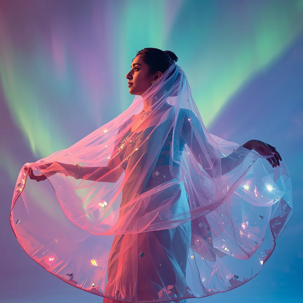 Festive Pastel Saree Aurora Chiffon Sky Veil Collage Dream Cinematic | Saree Prompt Text To Image