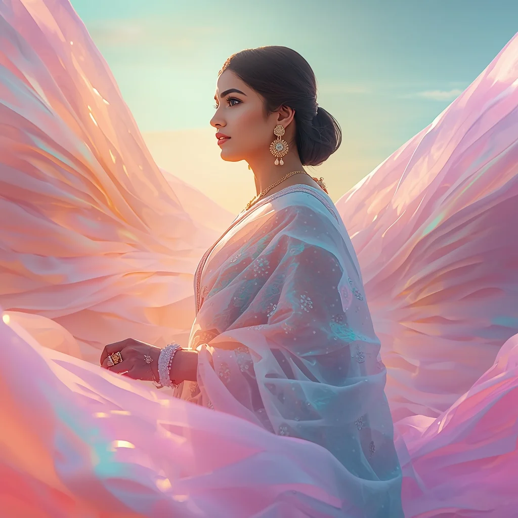 Festive Pastel Saree Aurora Light Flowing Wave Sheets Collage Cinematic Aesthetic | Saree Prompt For Instagram