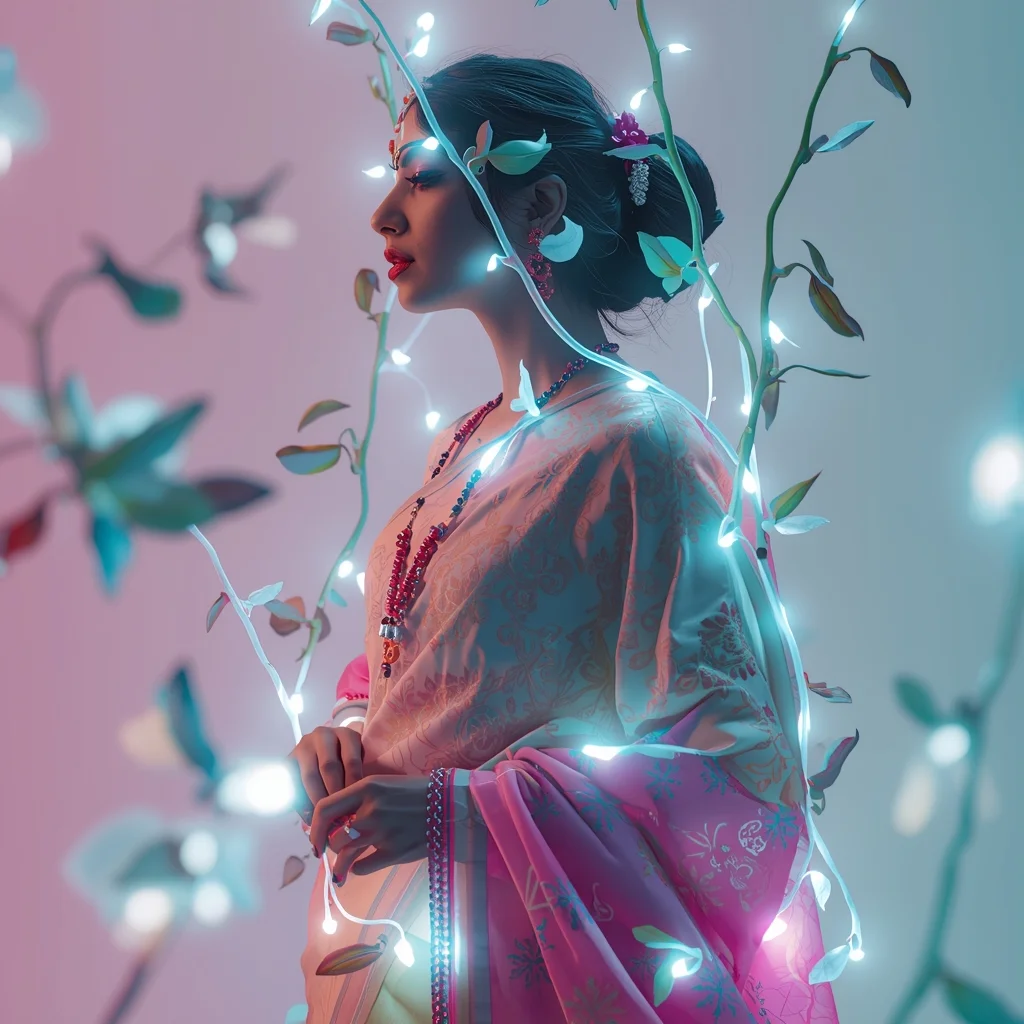 Festive Pastel Saree Bioluminescent Cyber-Flora Network Collage Modern Cinematic | Prompt For Girls College Online