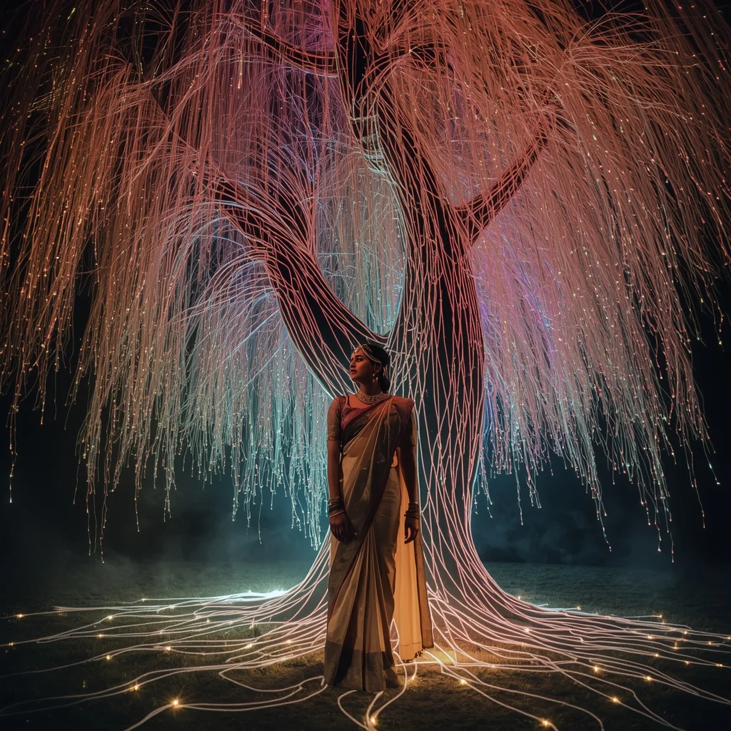 Festive Pastel Saree Bioluminescent Fiber-Optic Weeping Willow Collage | Synthetic Nature Deity Prompt | Saree Reel Ai Prompt