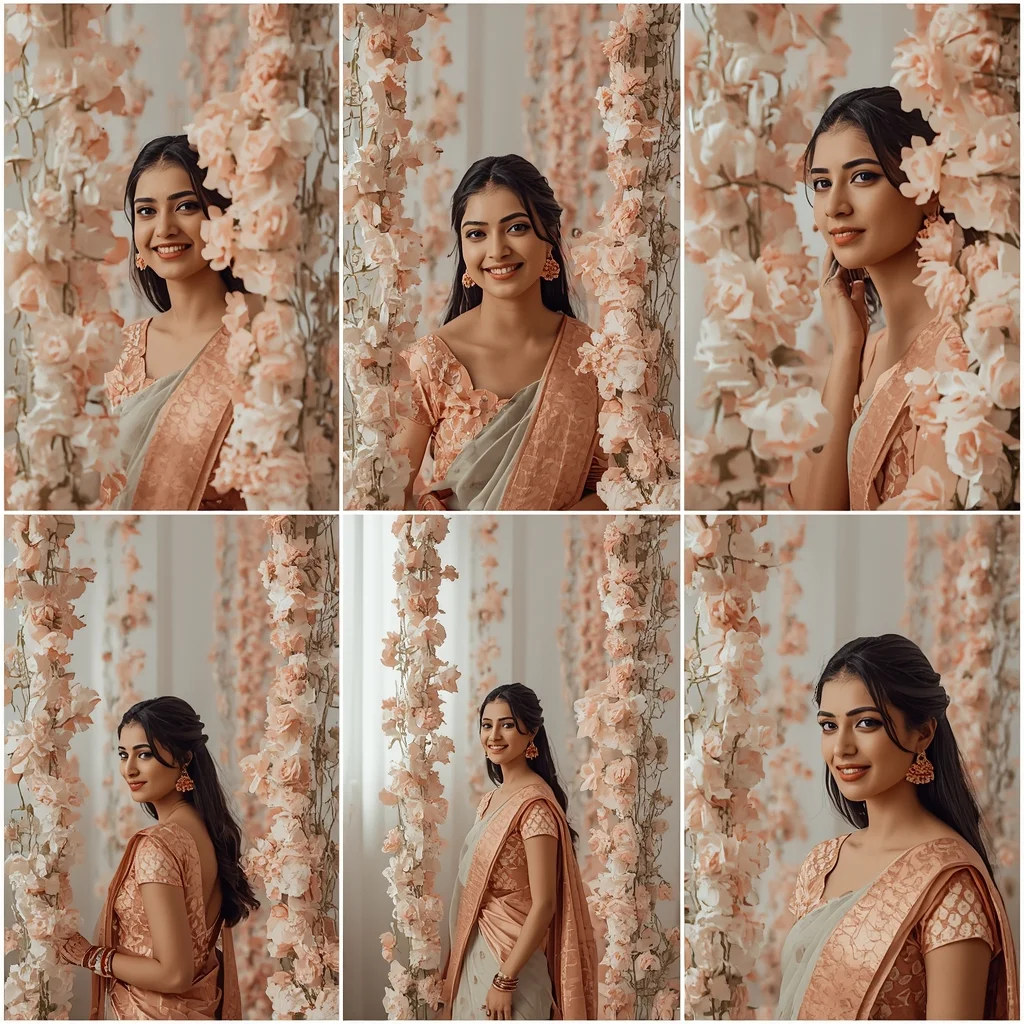 Festive Pastel Saree Bloom Curtain Collage | Indian Girl Floral Frame Aesthetic Soft Cinematic Viral Prompt | Modern Saree Ai Prompt