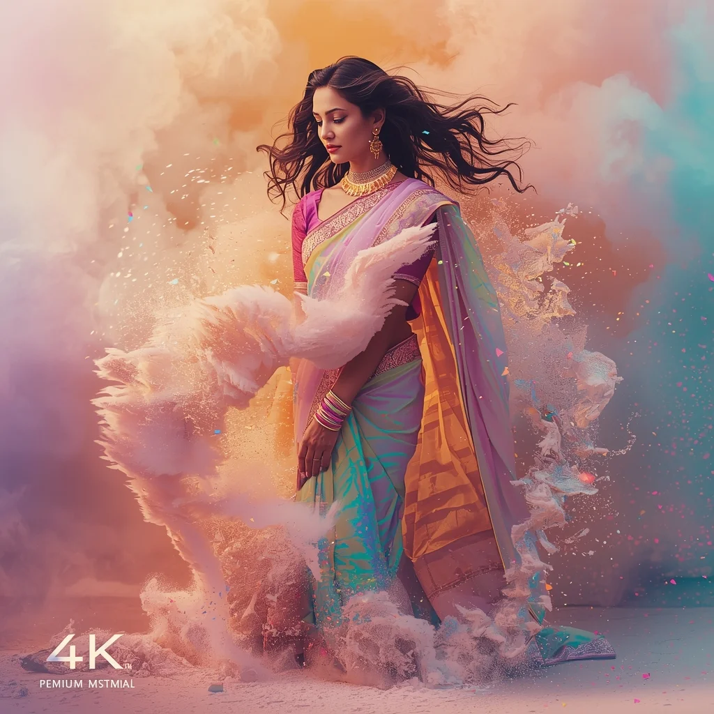 Festive Pastel Saree Chromatic Glass Sandstorm Collage Premium Cinematic | Saree Pose Ai Prompt For Image Generation