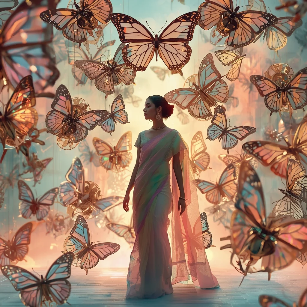 Festive Pastel Saree Clockwork Suncatcher Butterfly Collage Dream Cinematic | Saree Traditional Ai Prompt Indian Culture