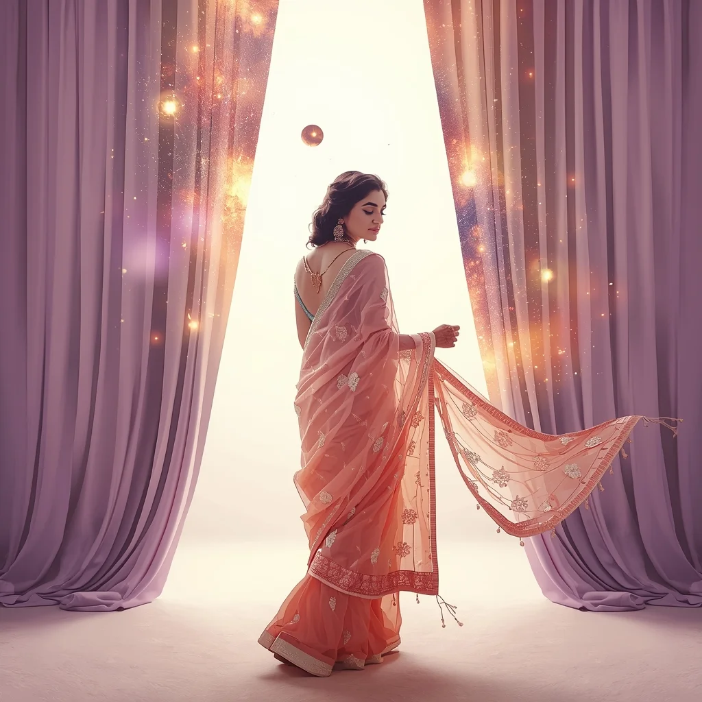 Festive Pastel Saree Cosmic Curtain Galaxy Burst Collage | Dramatic Reveal Prompt | Saree Traditional Ai Prompt Indian Culture