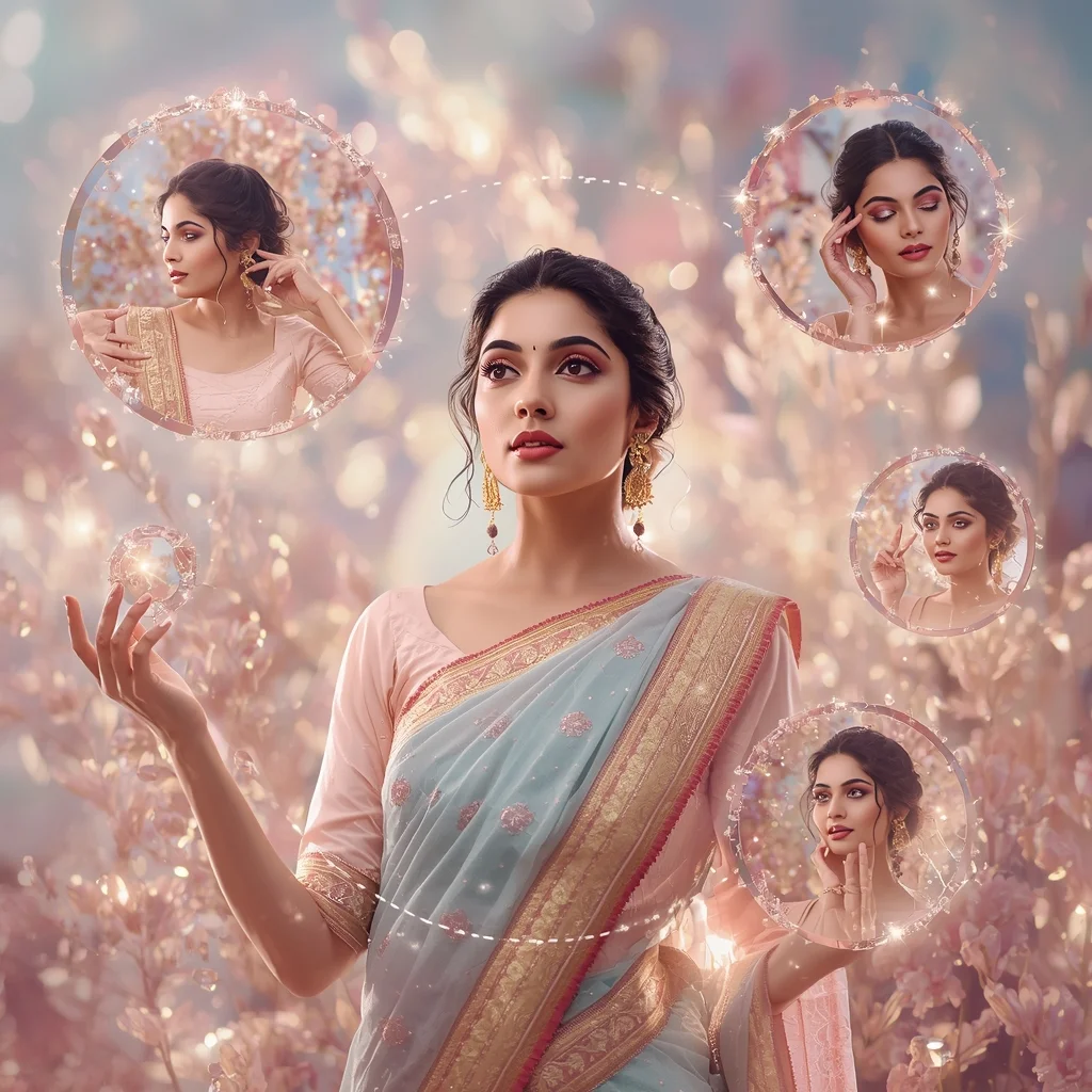 Festive Pastel Saree Crystal Light Bloom Orbital Collage | New Prompt Girl Ai Photo